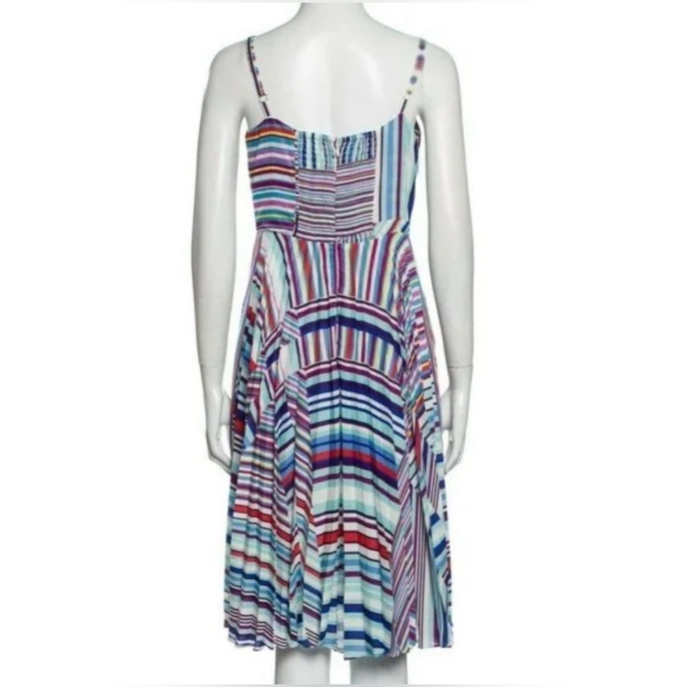 Parker Blue Multi Color V Neck Pleated Detail Knee Length Designer Dress Size 2 - Picture 7 of 8
